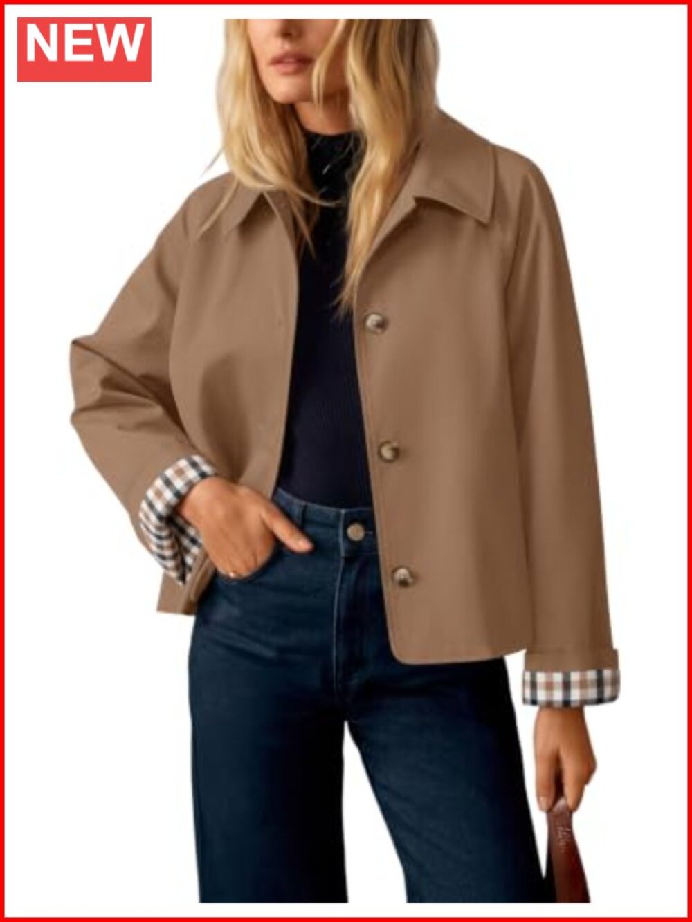 ZESICA Women's Cropped Trench Coat Plaid Button Front Fall Jacket
